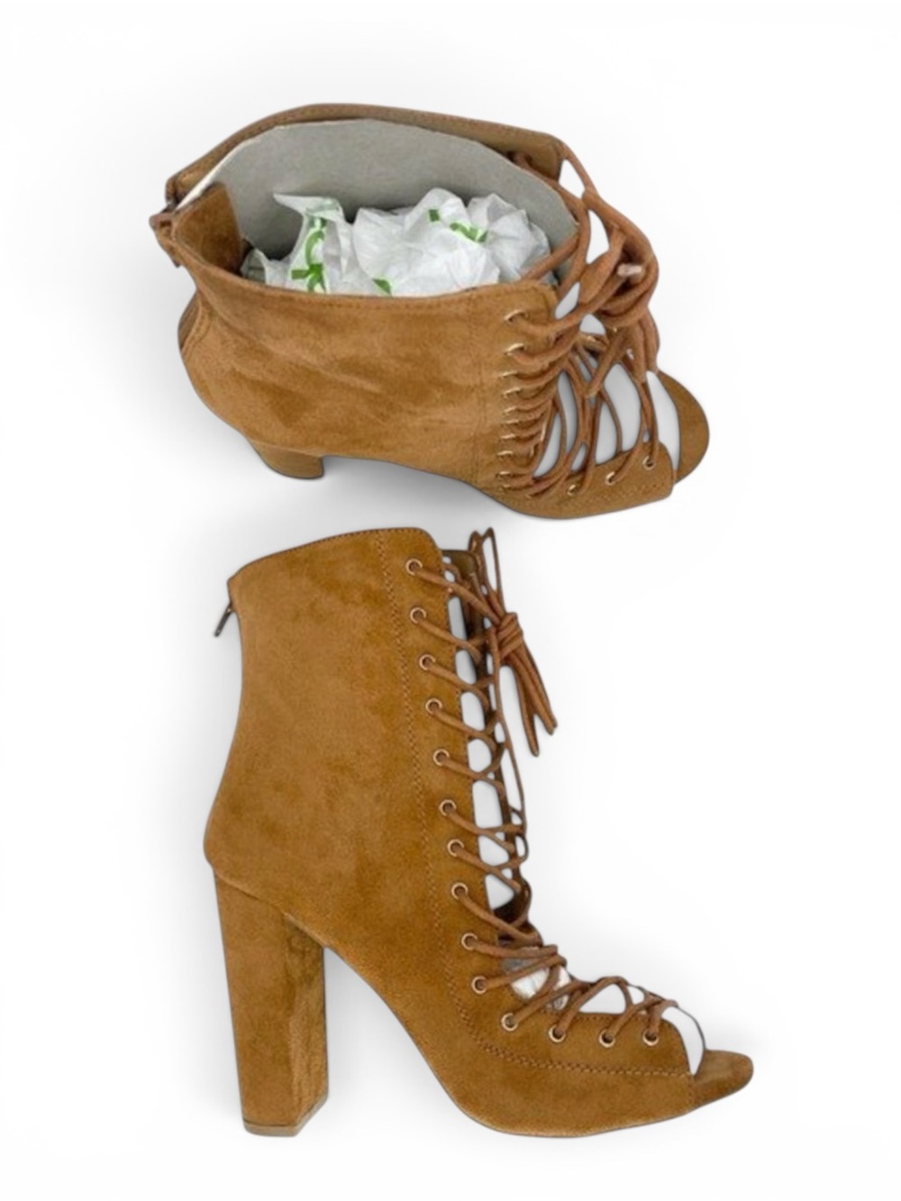 J. Adams Corrine Camel Faux Suede Lace Up Peep Toe Heel Booties Women’s 7